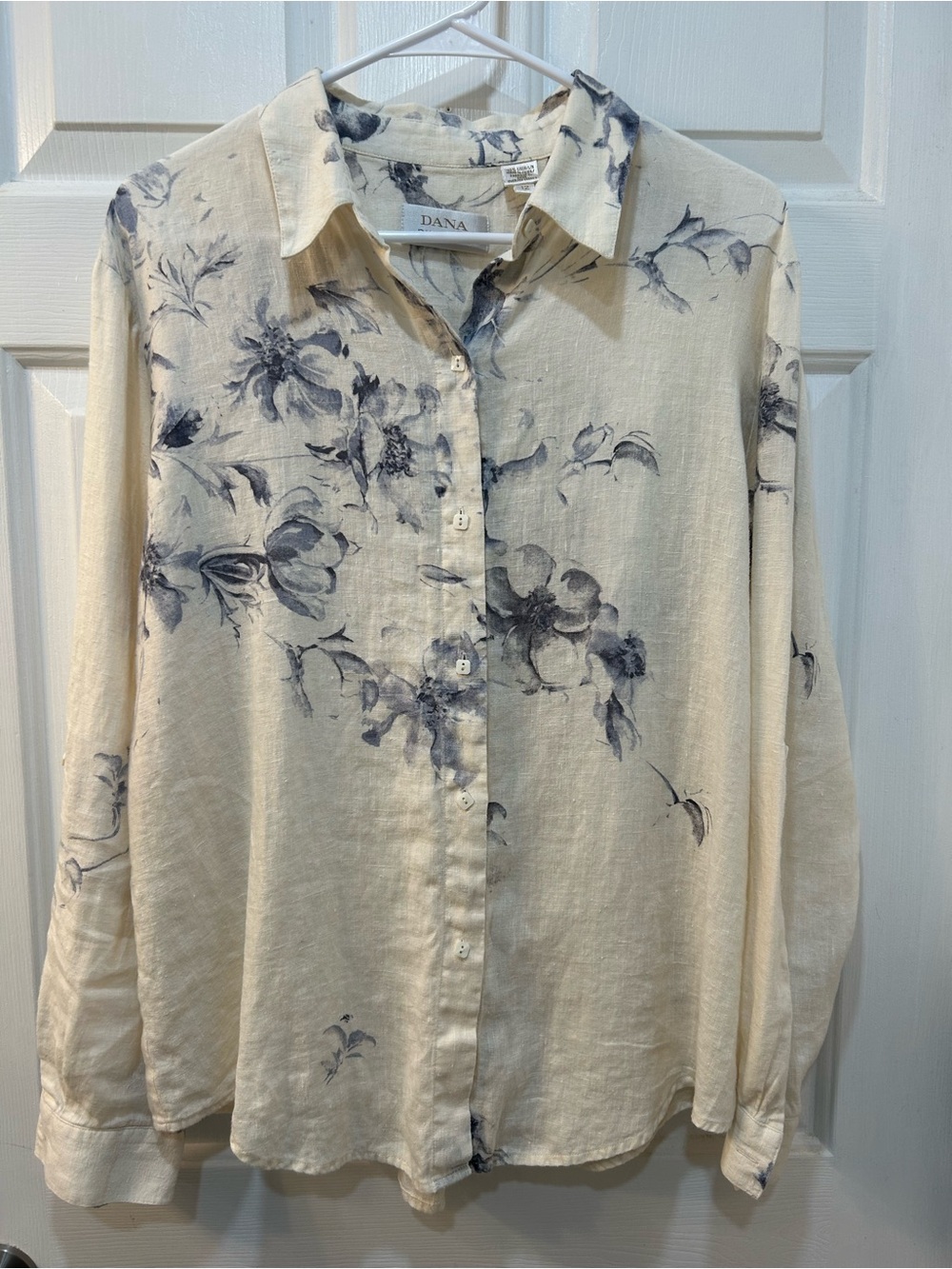 Dana Buchman Lightweight 100% Linen Button Blouse Size 12 Delicate Blue Floral
